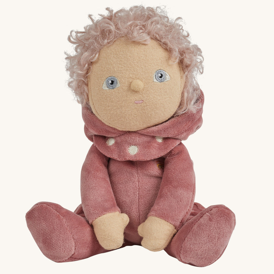 Olli Ella Dinky Dinkum Doll - Tilly Toadstool. The doll faces forward with the hood pulled down revealing its whole head.