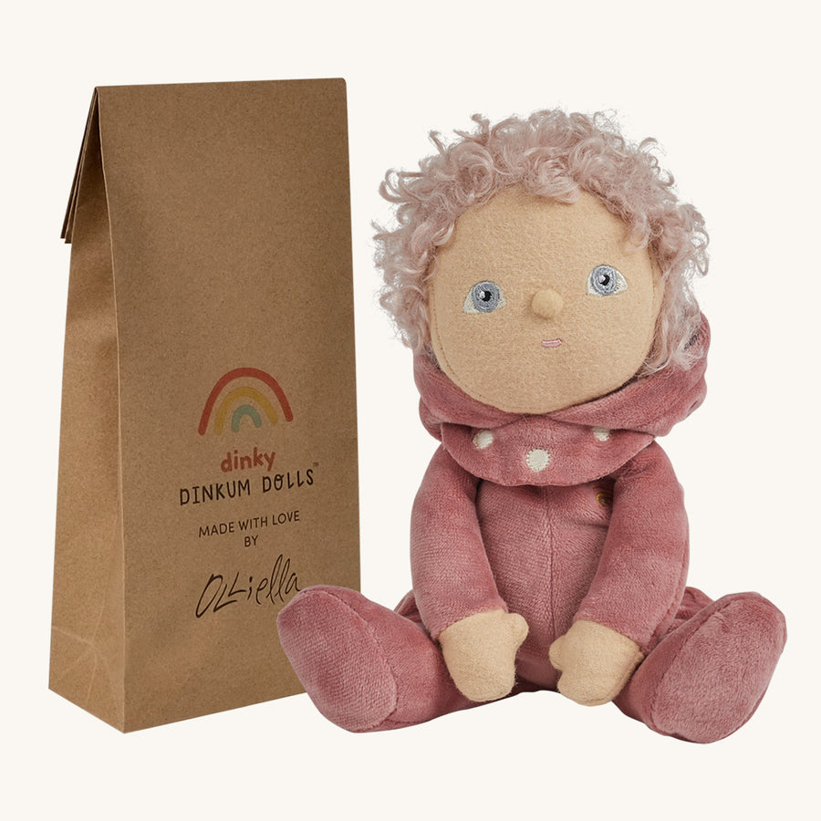 Olli Ella Dinky Dinkum Doll - Tilly Toadstool. The doll faces forward and sits next to its packaging.