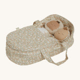 Two Dozy Dinkums laying side by side inside the Olli Ella Garden Floral Gardenia print Dinkum Dolls Quilted Carry Cot 
