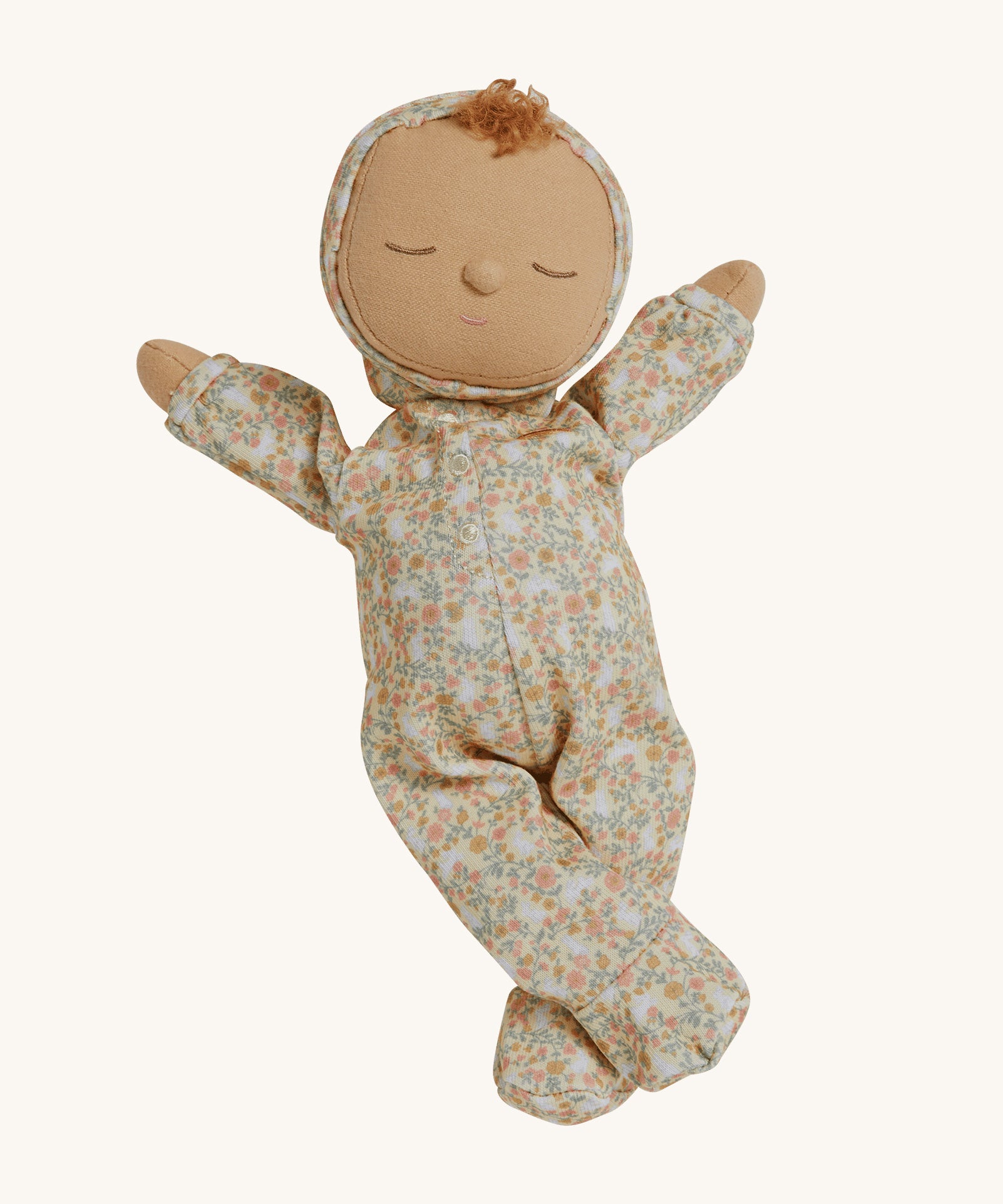 An Olli Ella Dozy Dinkum Doll Custard with a Garden Floral print outfit on a plain background. 