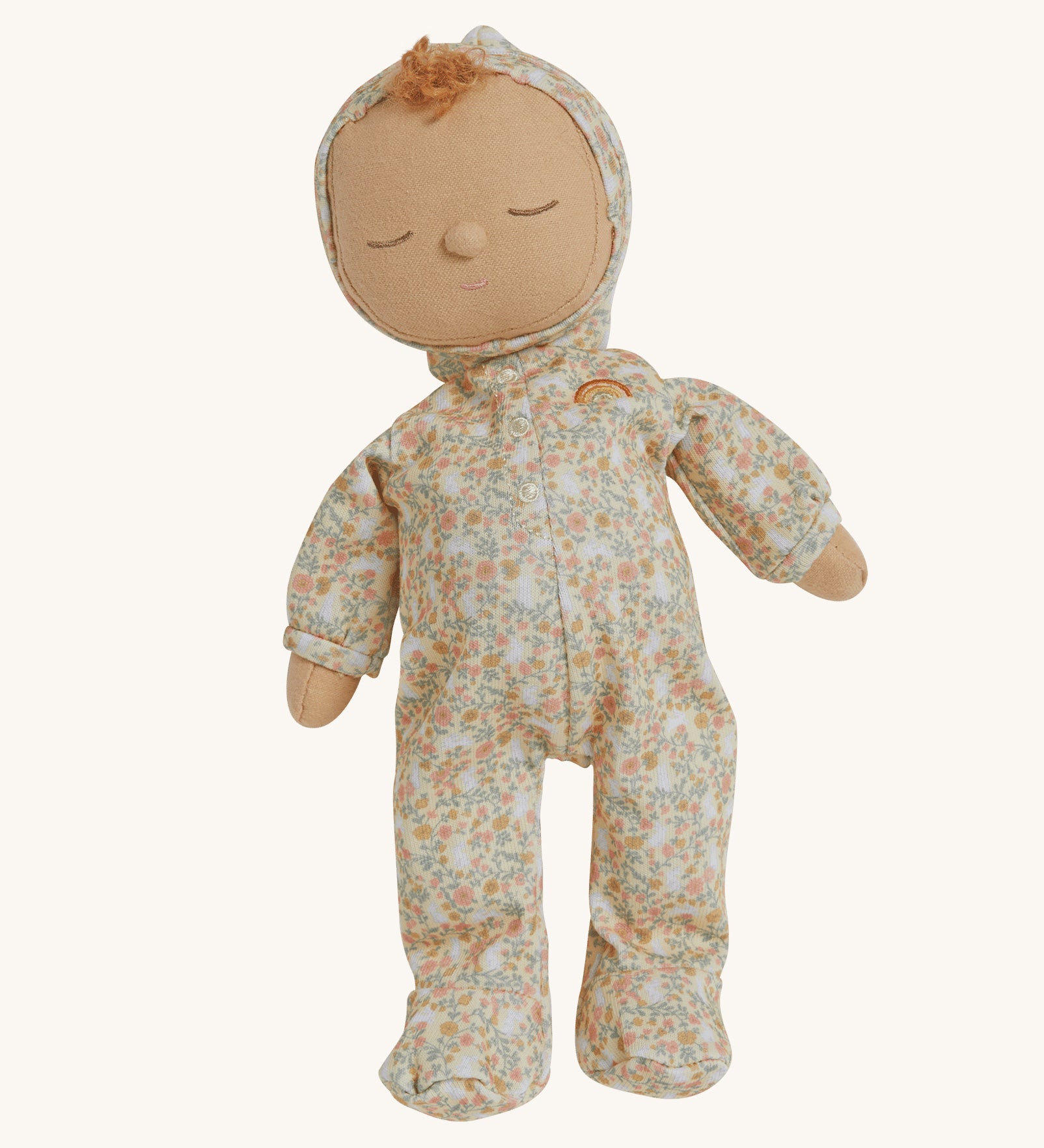 An Olli Ella Dozy Dinkum Doll Custard with a Garden Floral print outfit on a plain background. 