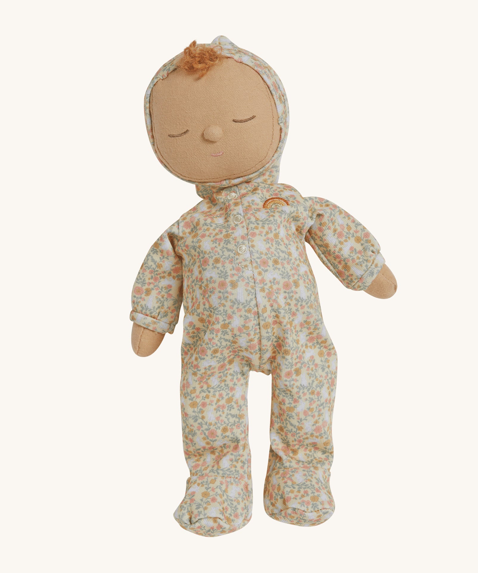 An Olli Ella Dozy Dinkum Doll Custard with a Garden Floral print outfit on a plain background. 