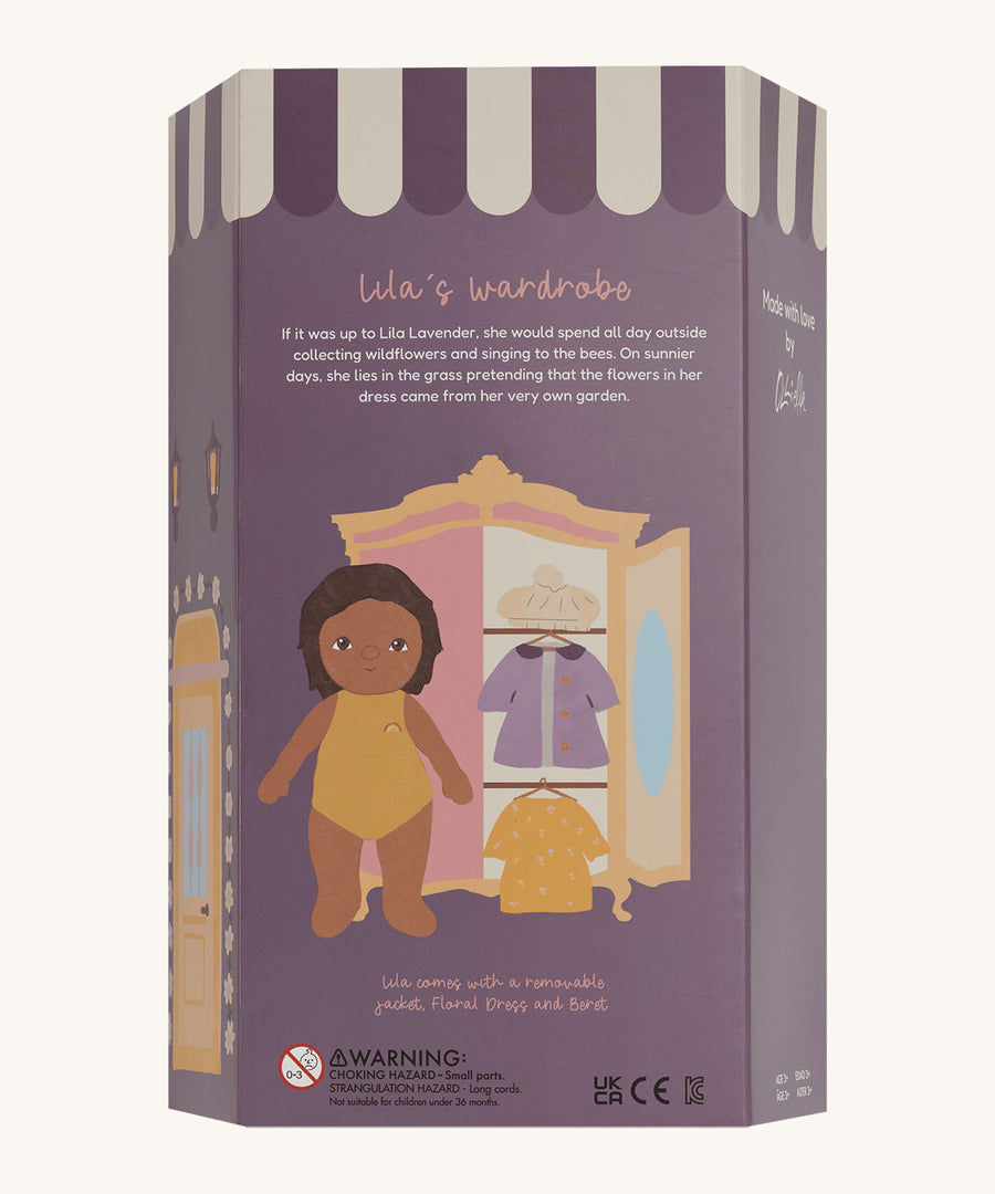 Olli Ella Dress Me Dinky - Lila Lavender, back of packaging, cream background. 
