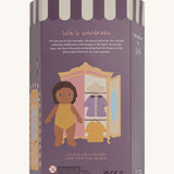 Olli Ella Dress Me Dinky - Lila Lavender, back of packaging, cream background. 
