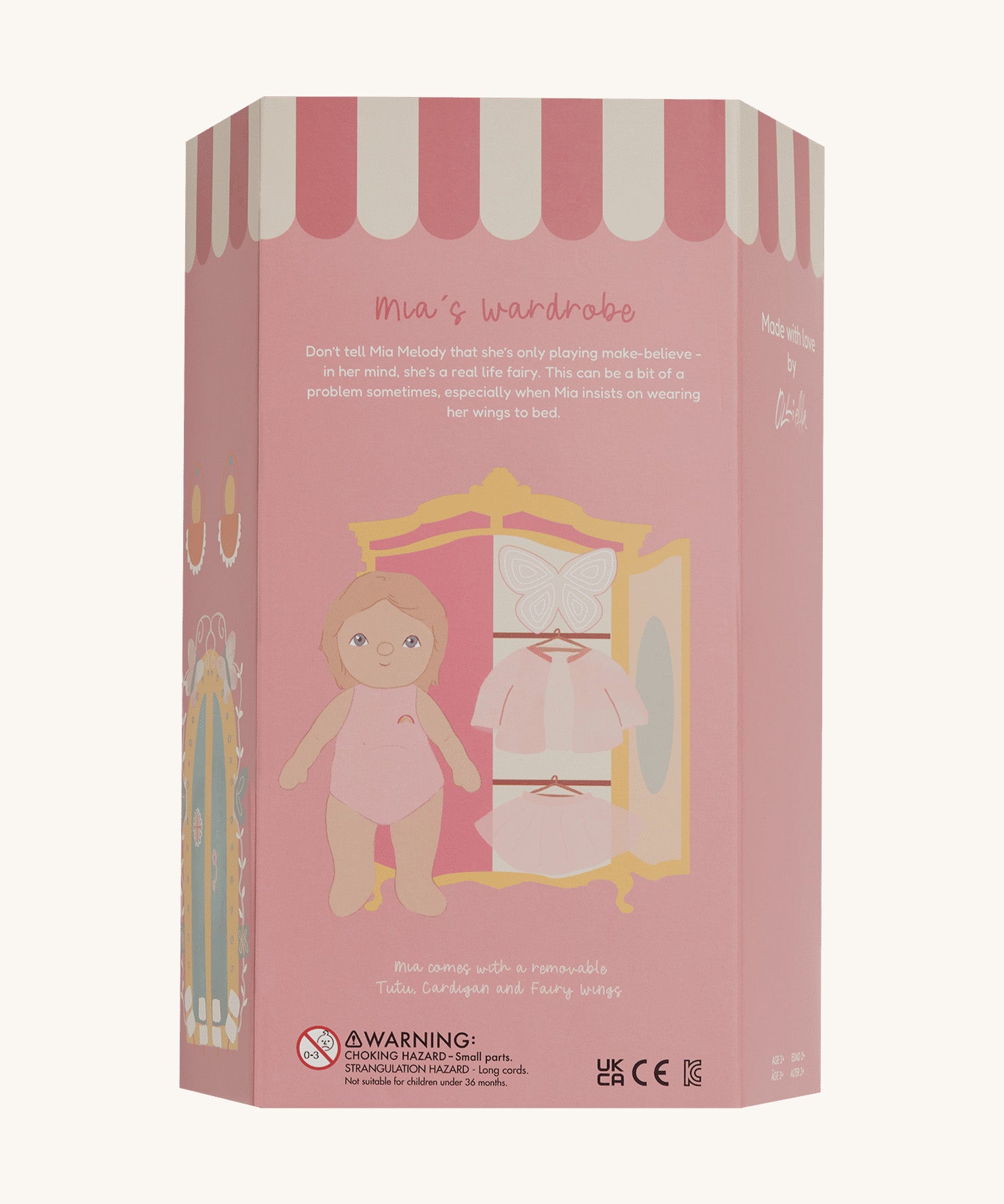 Olli Ella Dress Me Dinky Doll - Mia Melody, back of box. Cream background.