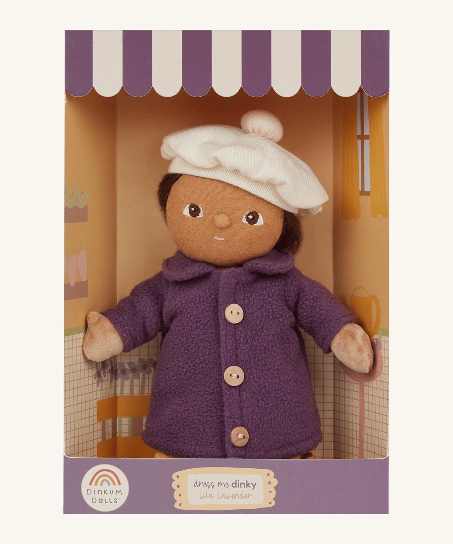 Olli Ella Dress Me Dinky - Lila Lavender in a dressing room designed box. Cream background. 
