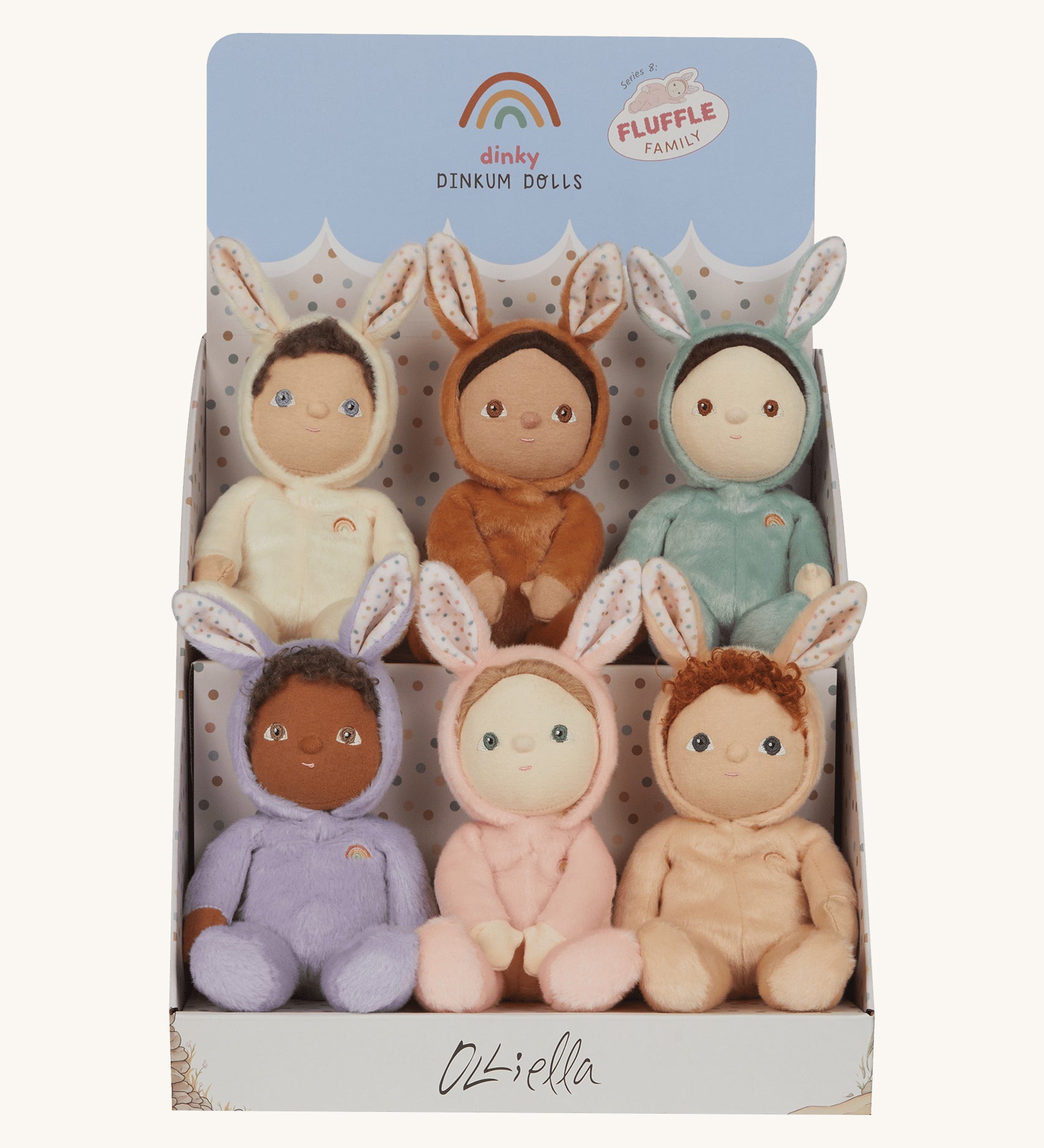 Olli Ella Dinky Dinkum Fluffle Family Bunny Dolls in their cardboard display stand. There are 6 bunnies in total including Babbit, Babs, Basil, Bella, Bobbin and Bucky. 