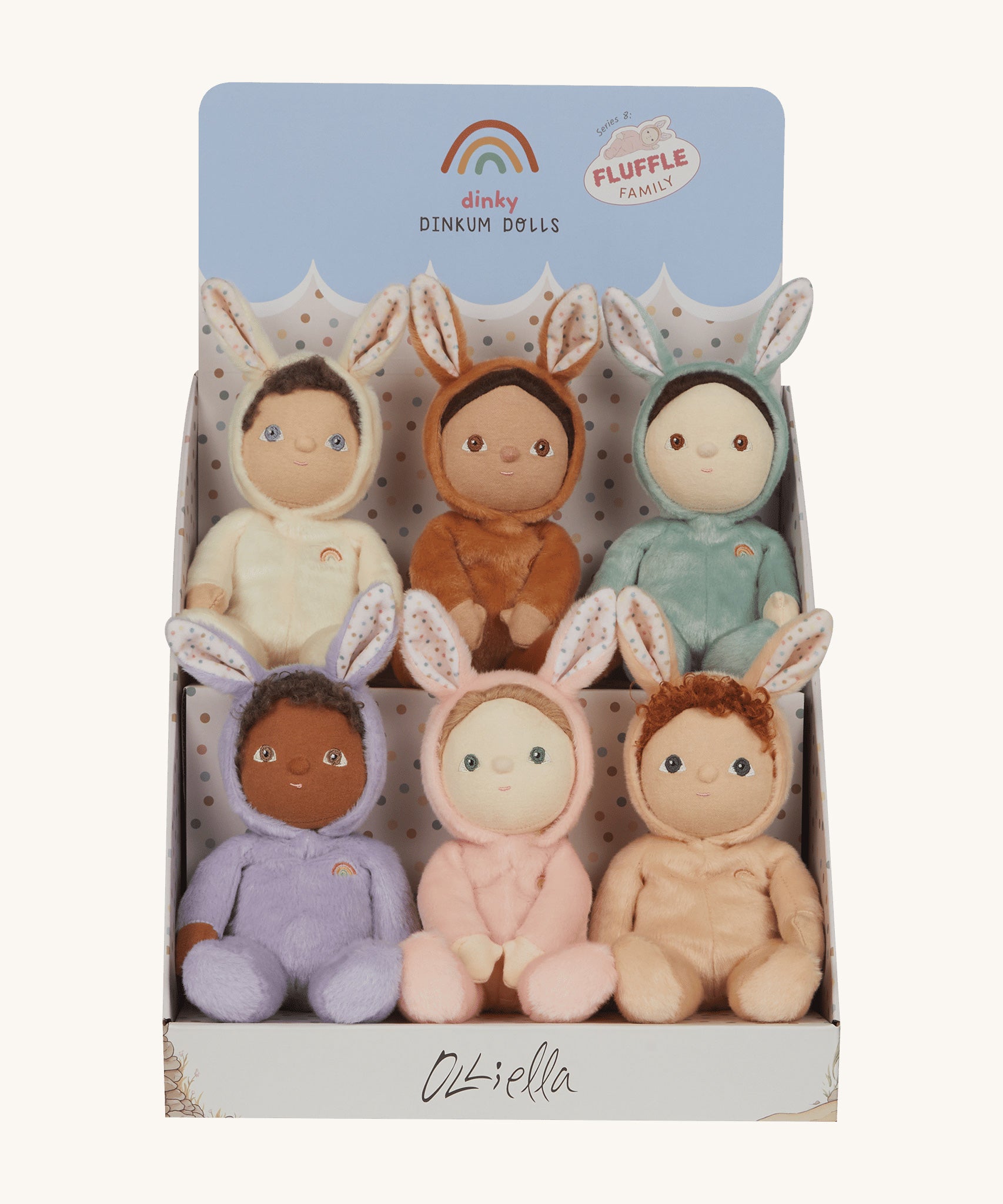 Olli Ella Dinky Dinkum Fluffle Family Bunny Dolls in their cardboard display stand. There are 6 bunnies in total including Babbit, Babs, Basil, Bella, Bobbin and Bucky. 