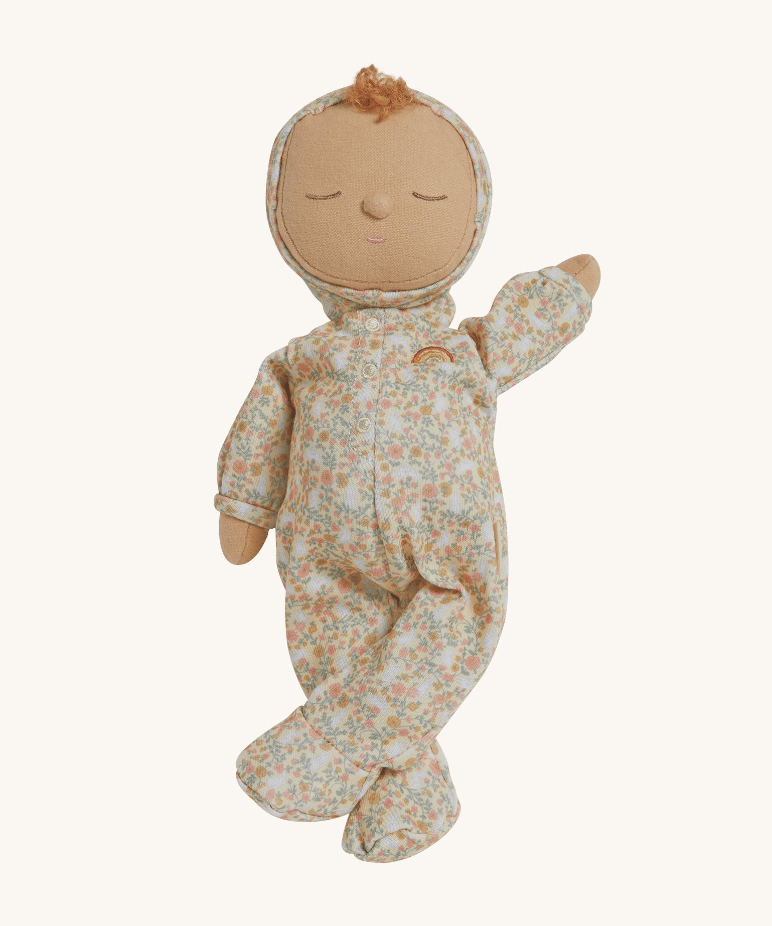 An Olli Ella Dozy Dinkum Doll Custard with a Garden Floral print outfit on a plain background. 