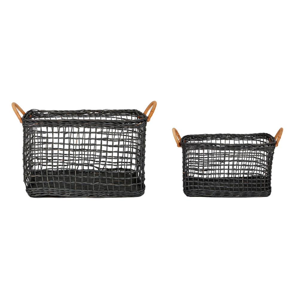 2 Olli ella ink black woven rattan cabouche baskets on a white background