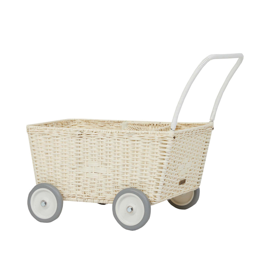 Olli Ella chalk rattan strolley toy with the hood in an upright position to make a pram shape