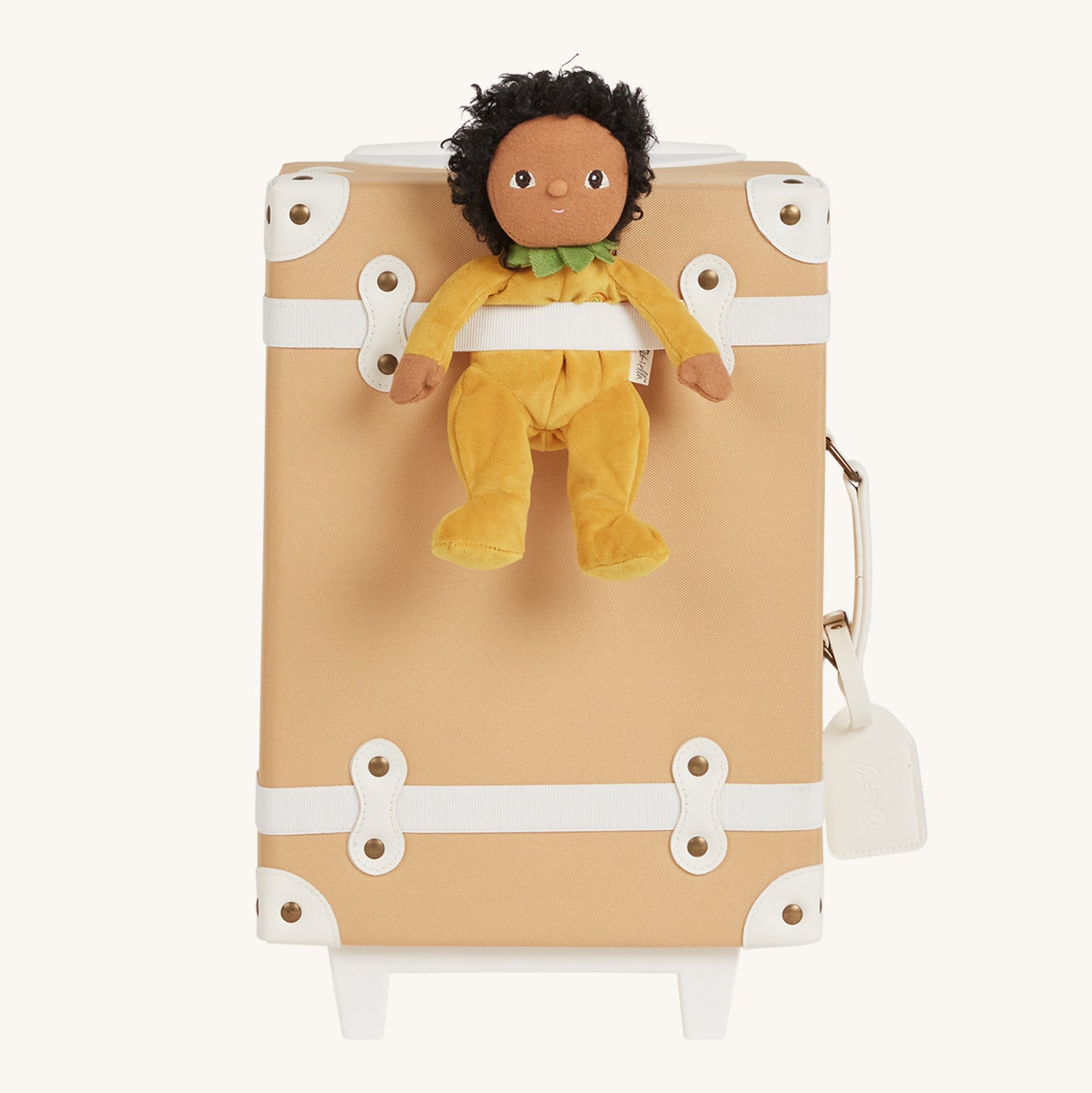 Olli Ella Kids See-Ya Suitcase in a Butterscotch beige colour with a pippa pineapple dinky dinkum pictured on a plain background