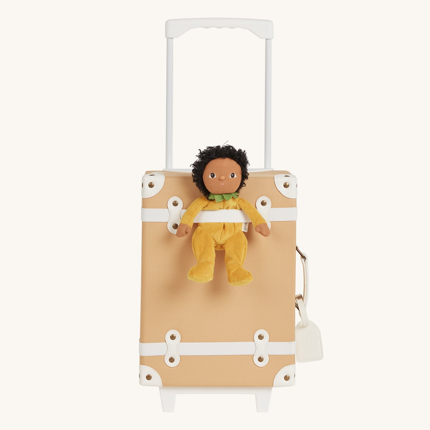 Olli Ella Kids See-Ya Suitcase in a Butterscotch beige colour with  with a pippa pineapple dinky dinkum pictured on a plain background