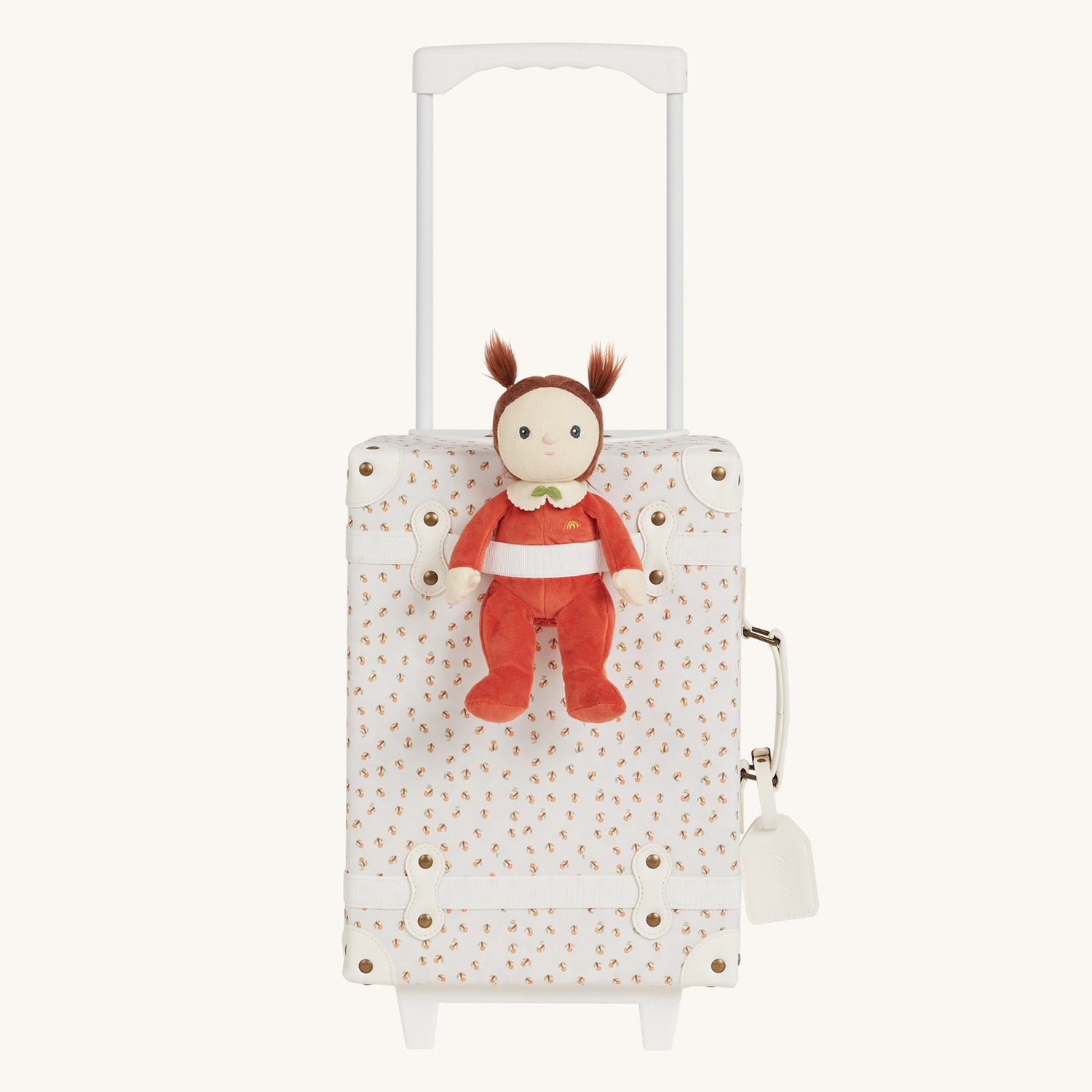 Olli Ella See-Ya Suitcase with a Leafed Mushroom print with handle extended and annie apple dinky dinkum pictured on a plain background