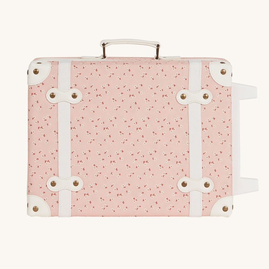 Olli Ella See-Ya Suitcase with a Pink Daisies print pictured on a plain background