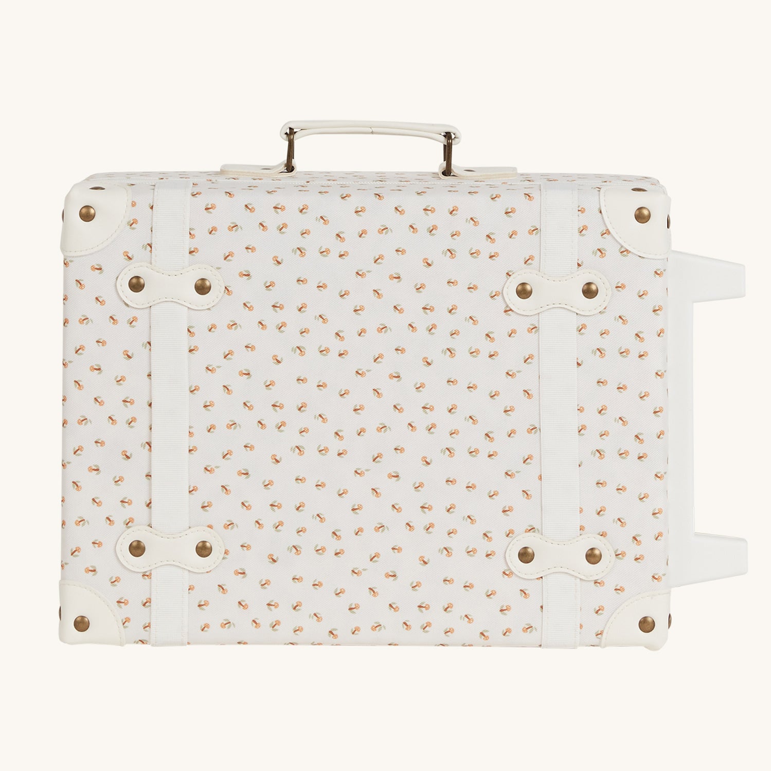 Olli Ella See-Ya Suitcase with a Leafed Mushroom print on it's side pictured on a plain background