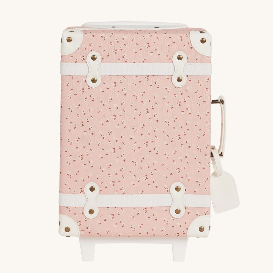 Olli Ella See-Ya Suitcase with a Pink Daisies print pictured on a plain background