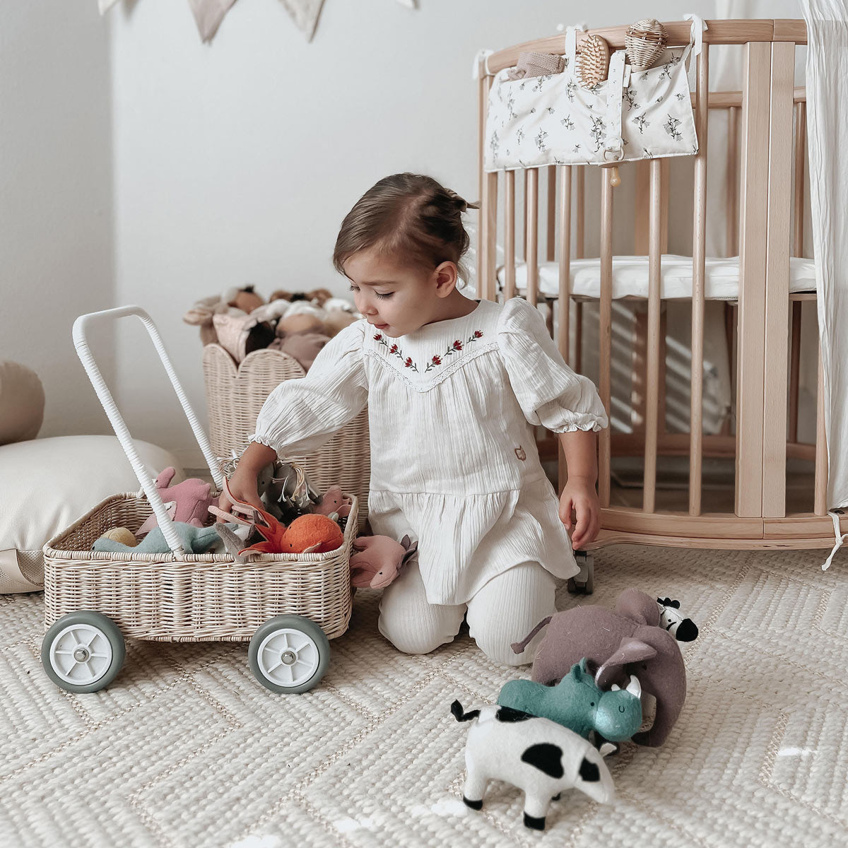 push-along toy trolley on a brown background