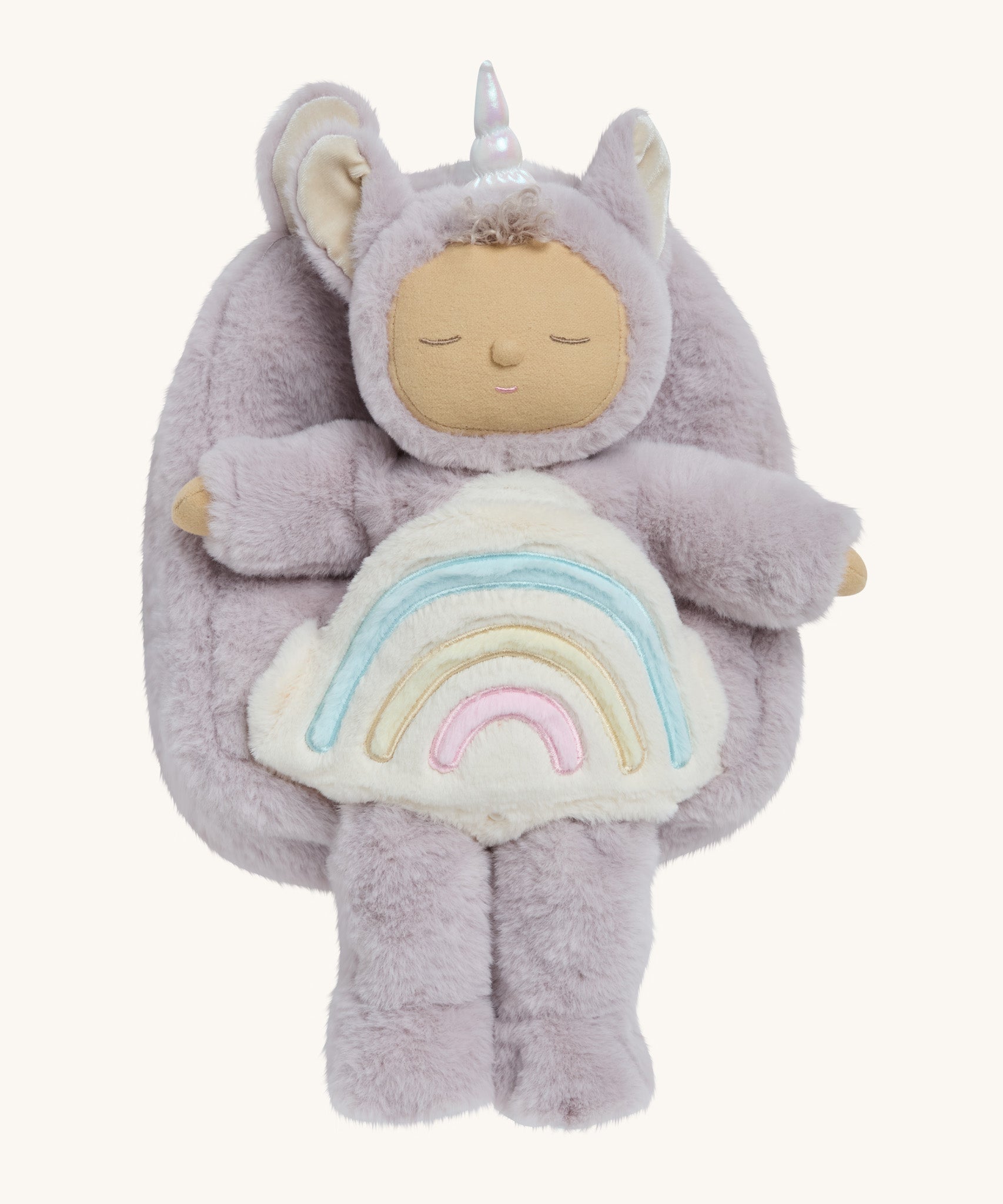 The Olli Ella lilac fluffy backpack with a dozy dinkum doll sitting 