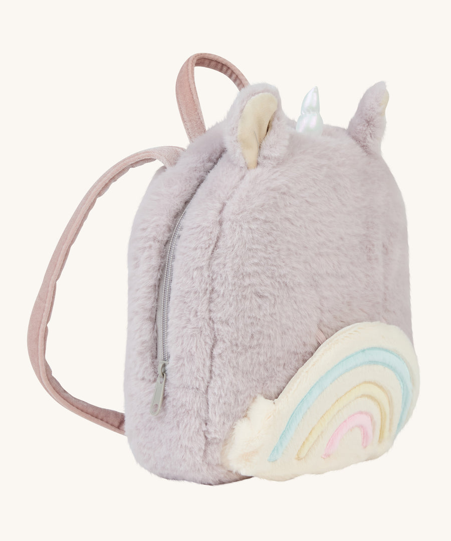 A side view of the Olli Ella lilac fluffy backpack