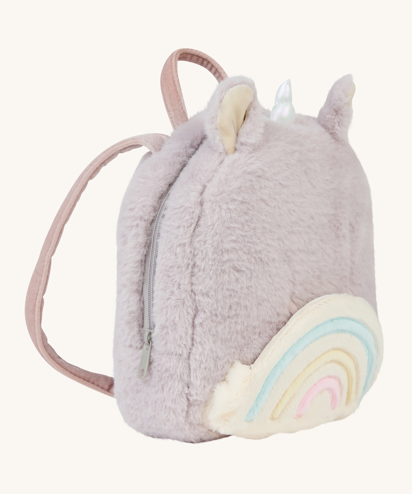 A side view of the Olli Ella lilac fluffy backpack