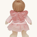 Olli Ella Dress Me Dinky Doll - Mia Melody, wearing a pink tulle tutu, cardigan, and embroidered velvet fairy wings. Rear view, cream background.