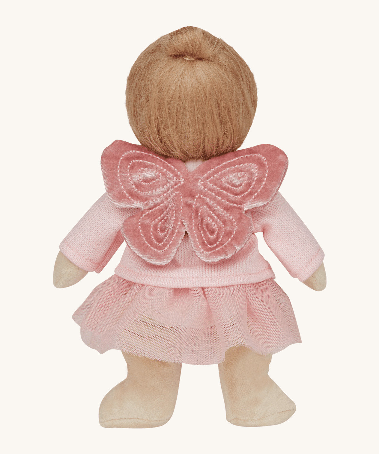 Olli Ella Dress Me Dinky Doll - Mia Melody, wearing a pink tulle tutu, cardigan, and embroidered velvet fairy wings. Rear view, cream background.