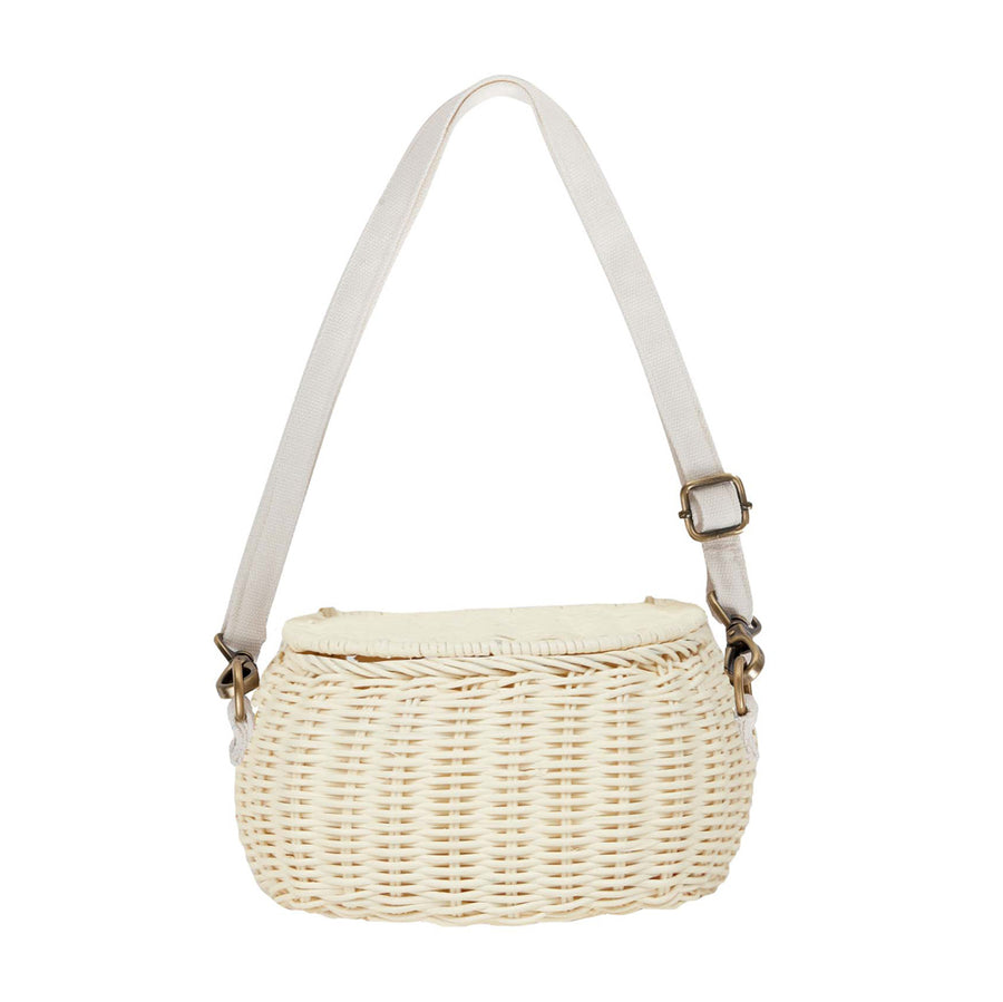 Olli ella natural rattan mini chari bag in the chalk colour on a white background