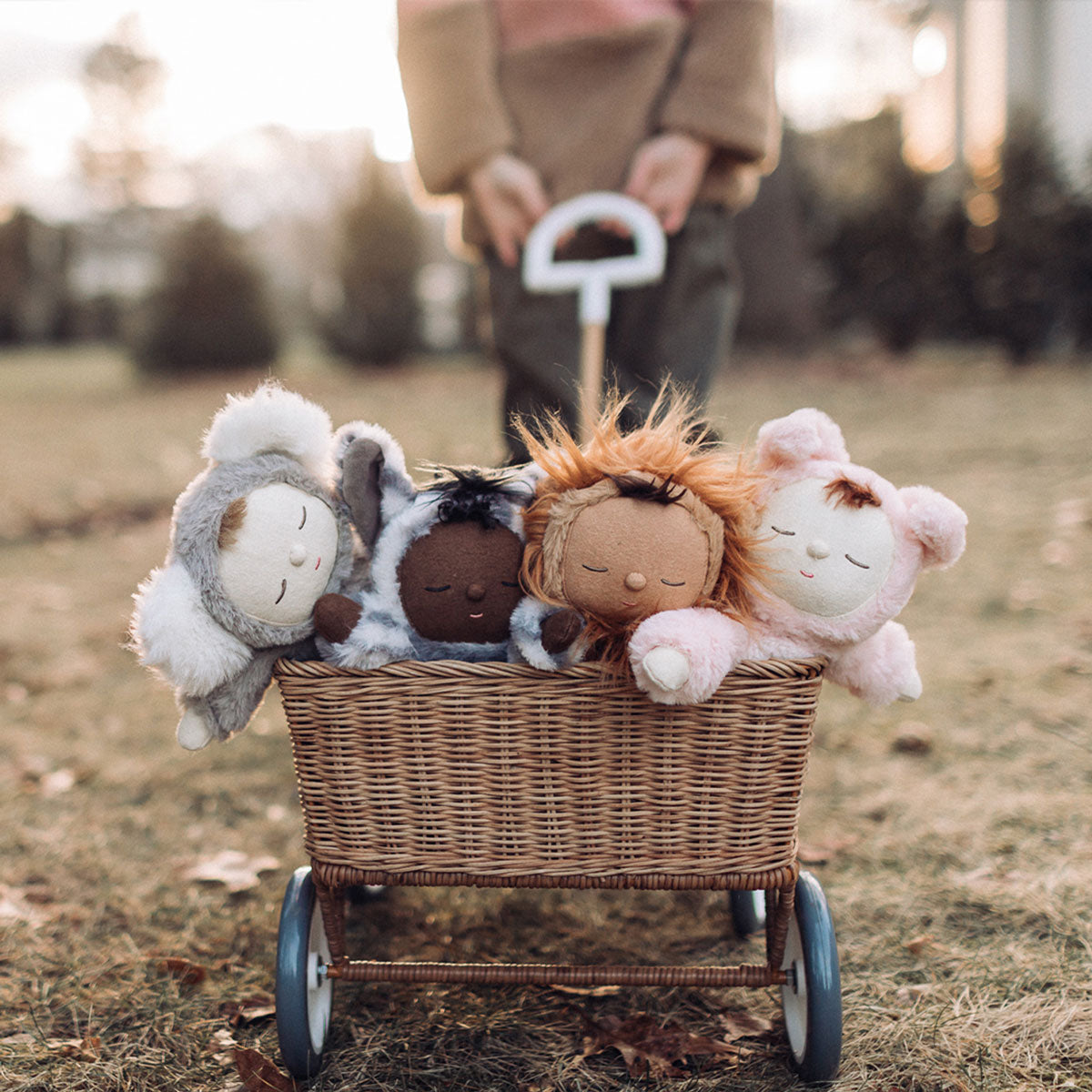 Collection of wild cozy dinkum dolls in a pull along wagon