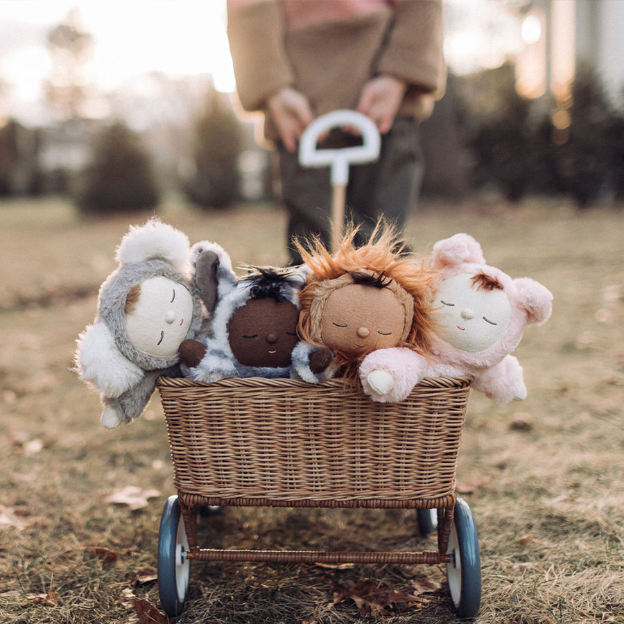 Collection of wild cozy dinkum dolls in a pull along wagon