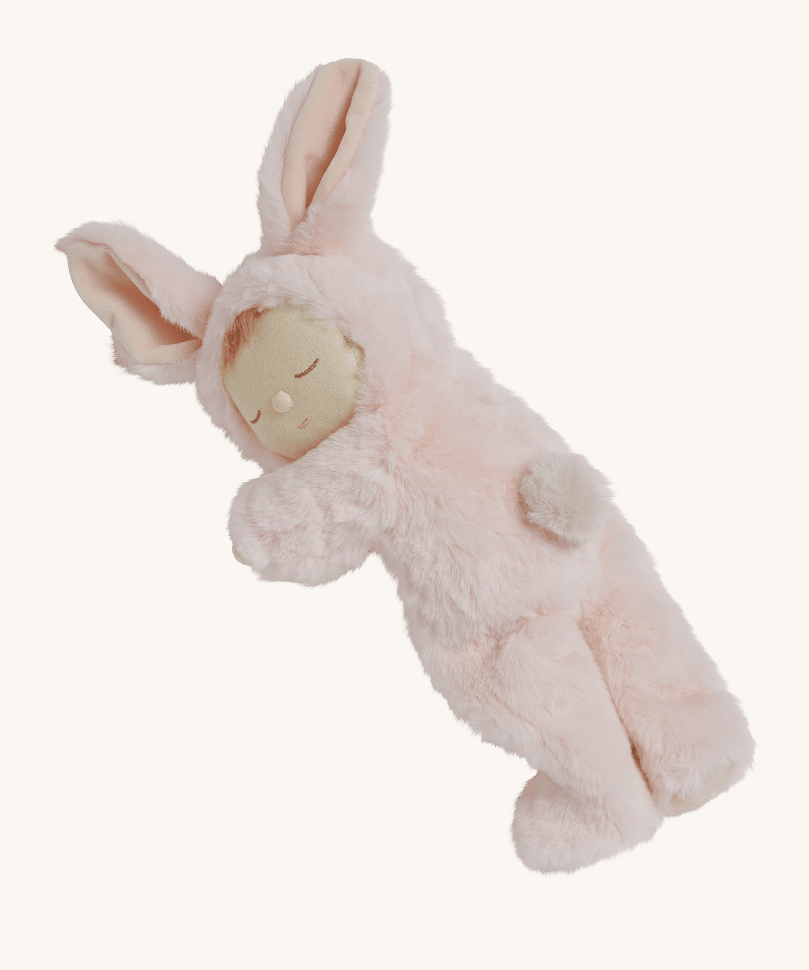 The Olli Ella Pink Bunny Moppet Lullaby Cozy Dinkum on a plain background. The doll is laying on it's front showing the bunny tail on the back. 