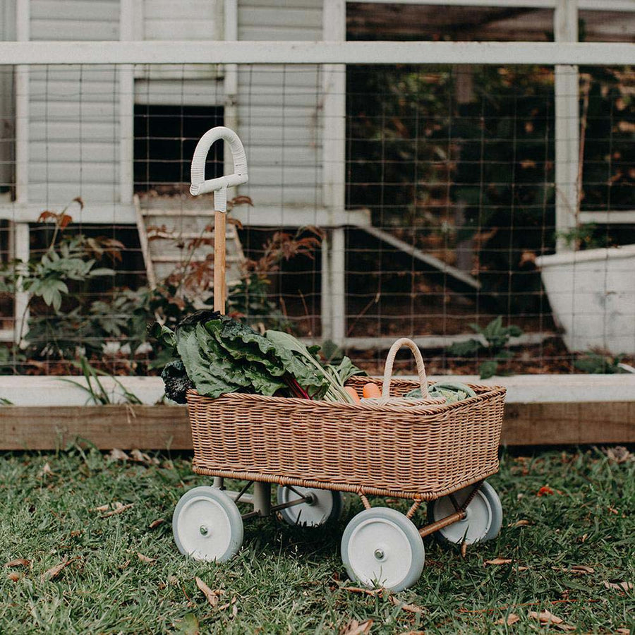 Olli Ella rattan toy cart filled with vegetables on some grass in front of a chicken box