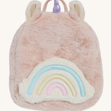 A OIli Ella pink fluffy unicorn backpack with a rainbow on the front on a cream background.