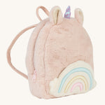 A OIli Ella pink fluffy unicorn backpack with a rainbow on the front on a cream background.