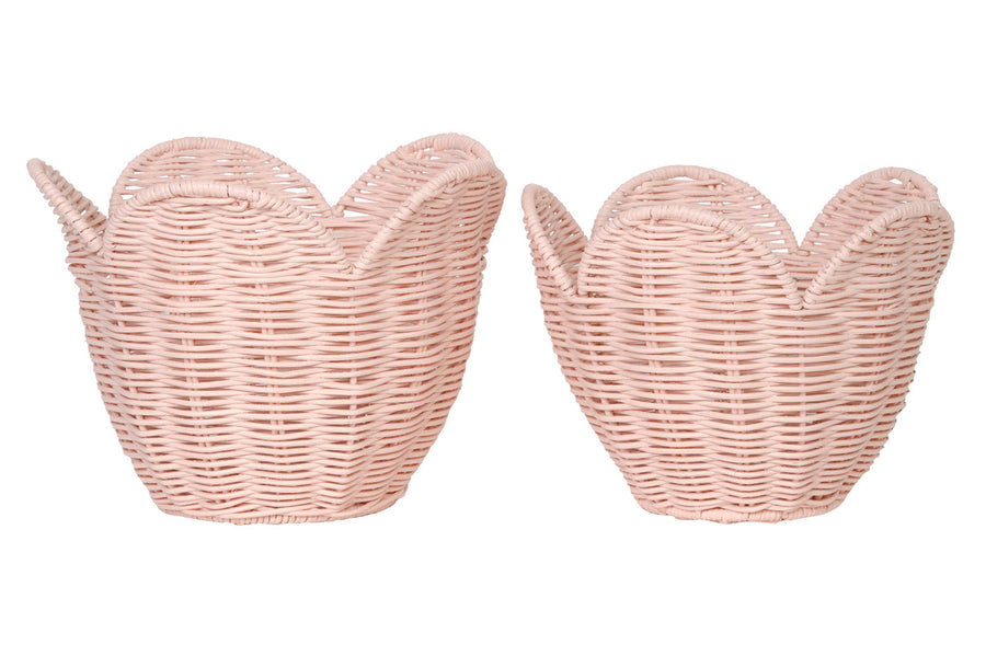 2 pieces of the Olli Ella rose pink rattan lily basket on a white background