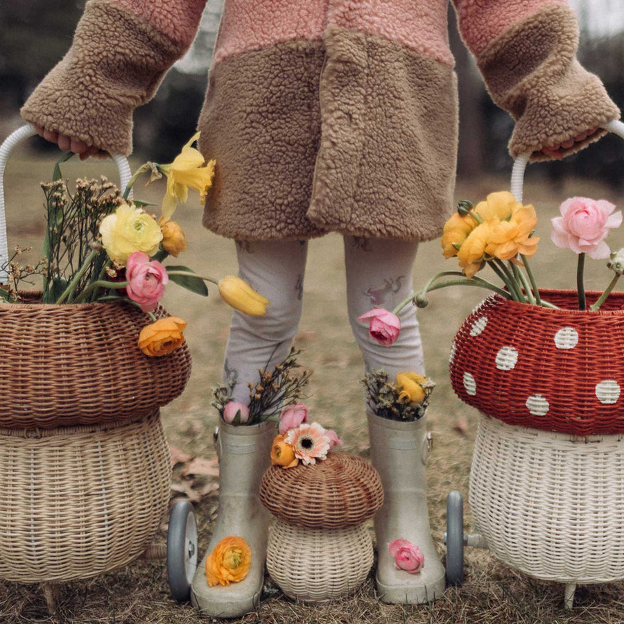 A child seen standing behind two luggies and an Olli Ella porcini mushroom shaped basket