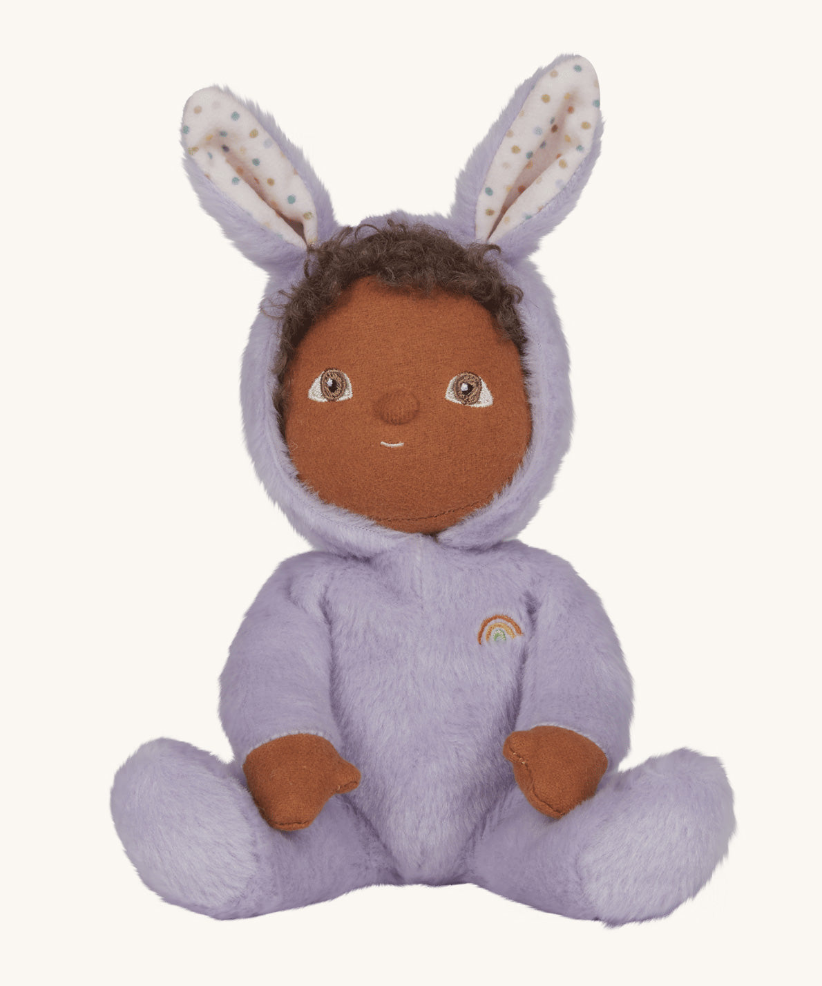 Olli Ella purple coloured Babs Bunny Dinky Dinkum Doll in a seated position.