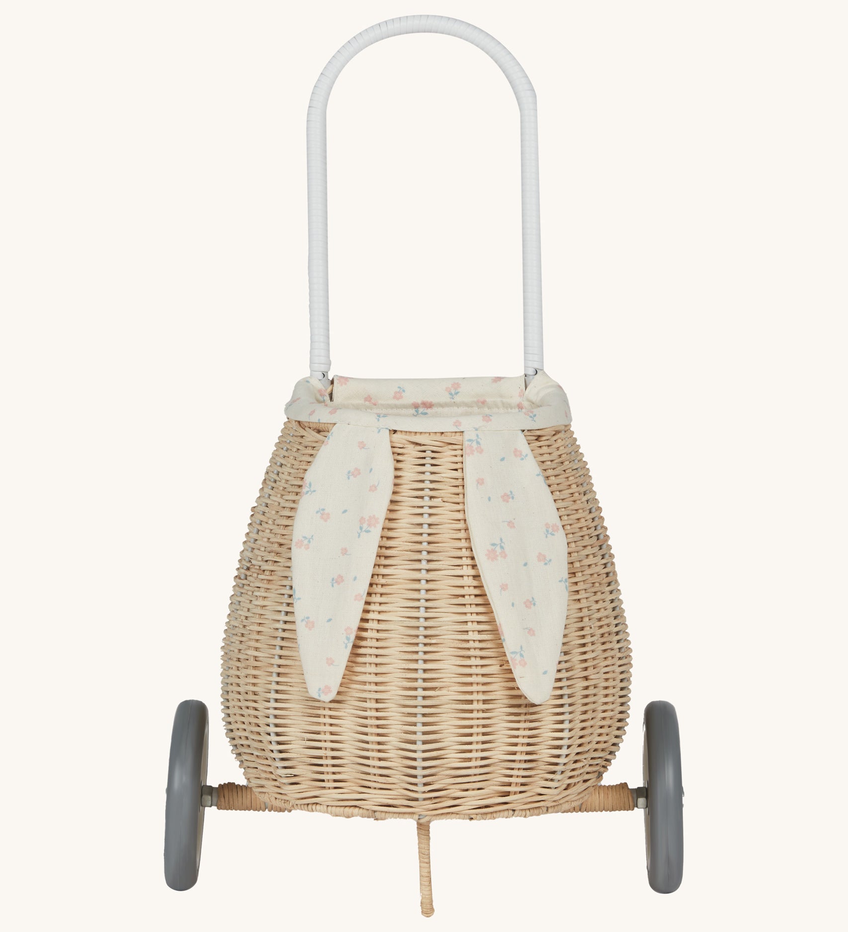 Olli Ella Rattan Bunny Luggy with Lining – Pansy Floral. A beautifully woven pull along Luggy basket with cream cotton lining with a vintage pansy floral pattern.