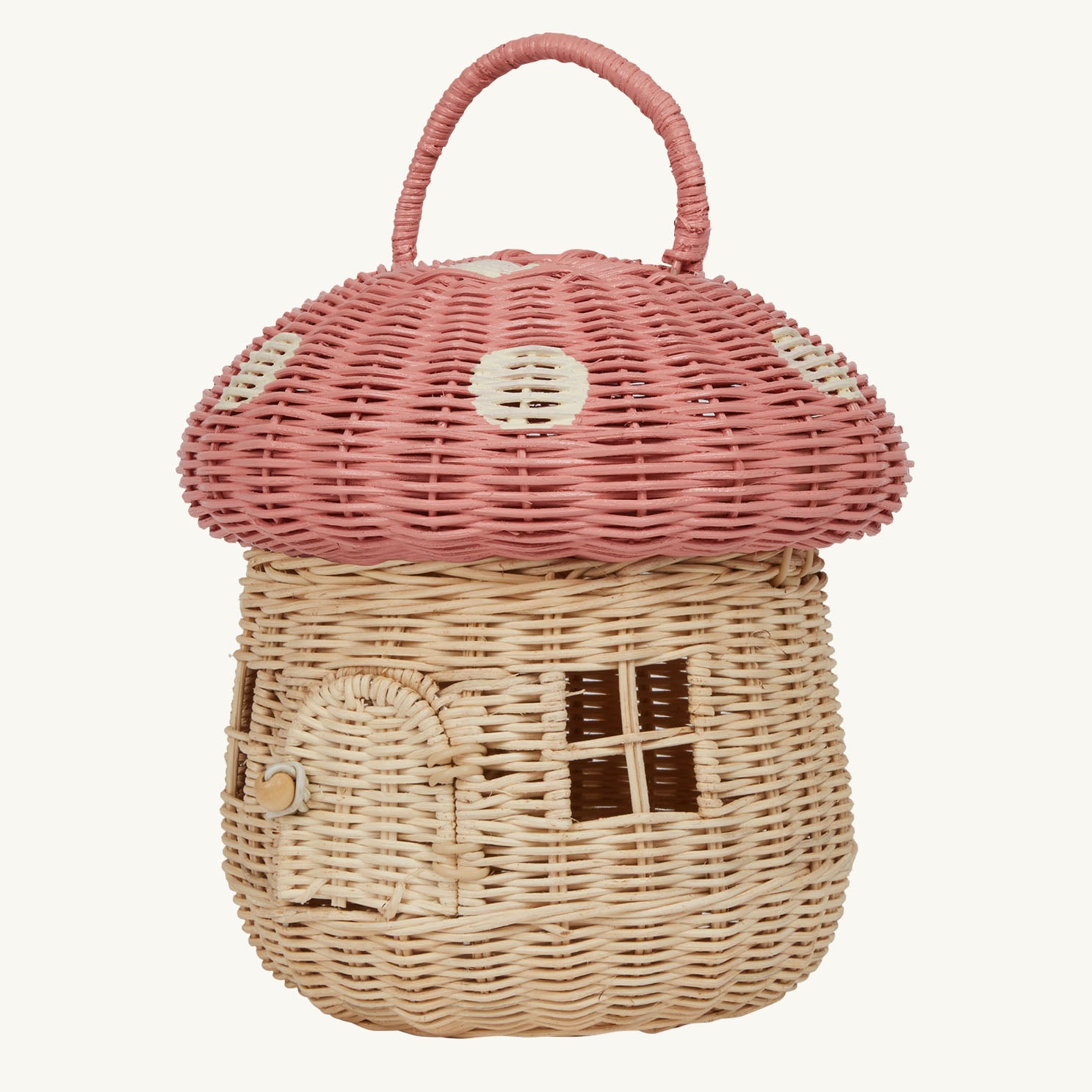 Olli Ella Mushroom Rattan basket with a spotted pink mushroom cap