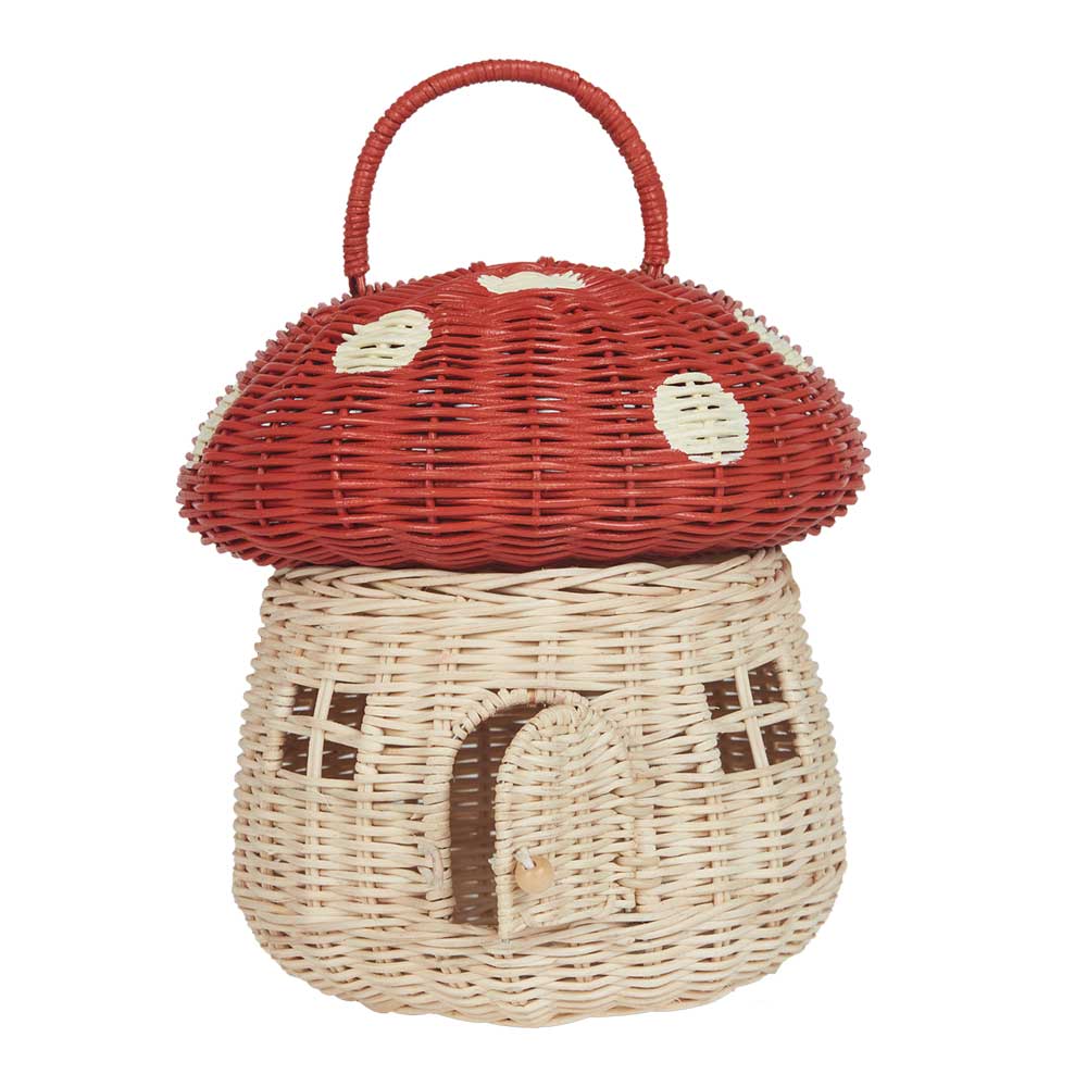 Olli Ella Rattan Mushroom Basket - Red with door open