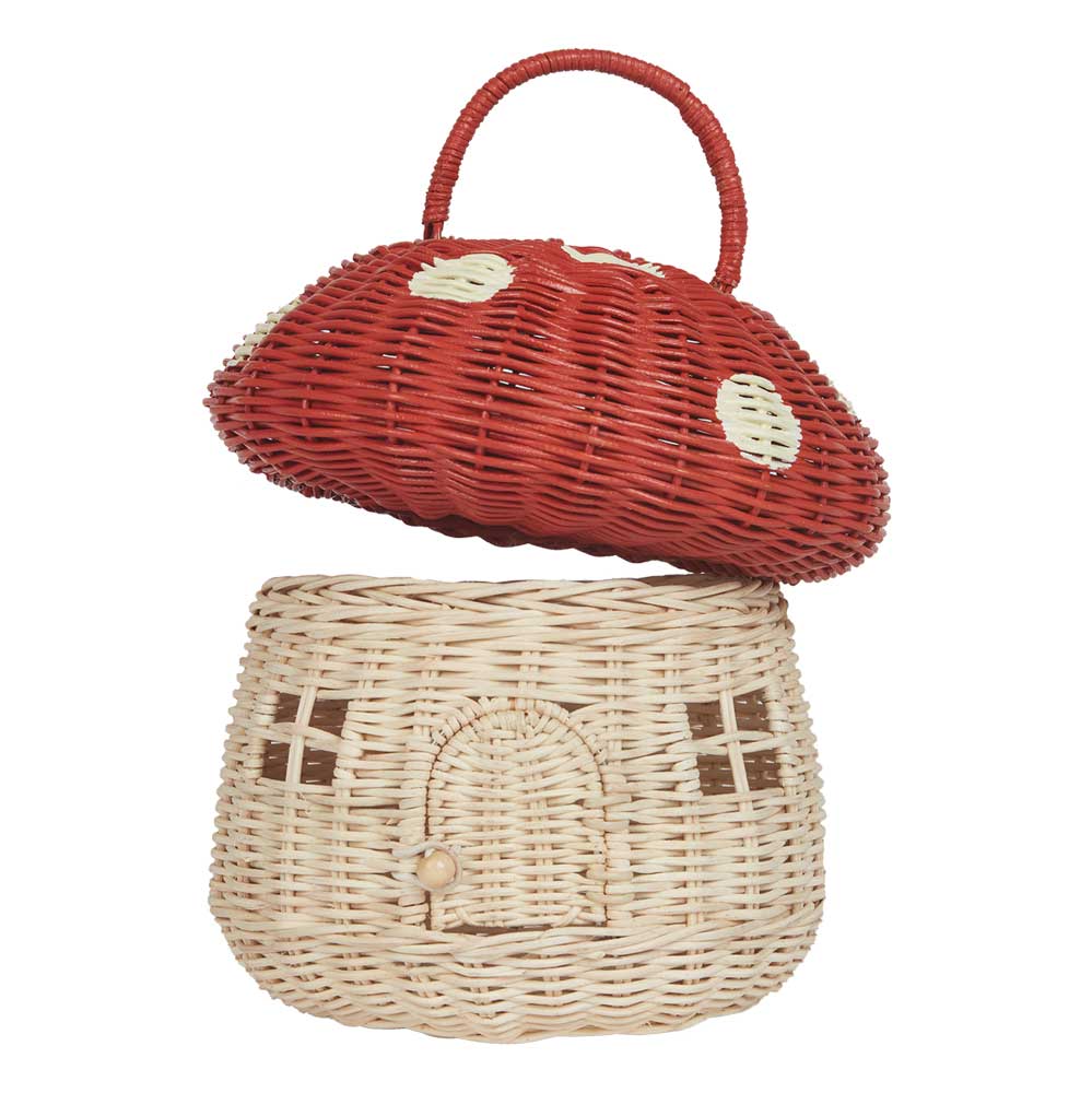 Olli Ella Rattan Mushroom Basket - Red with roof open