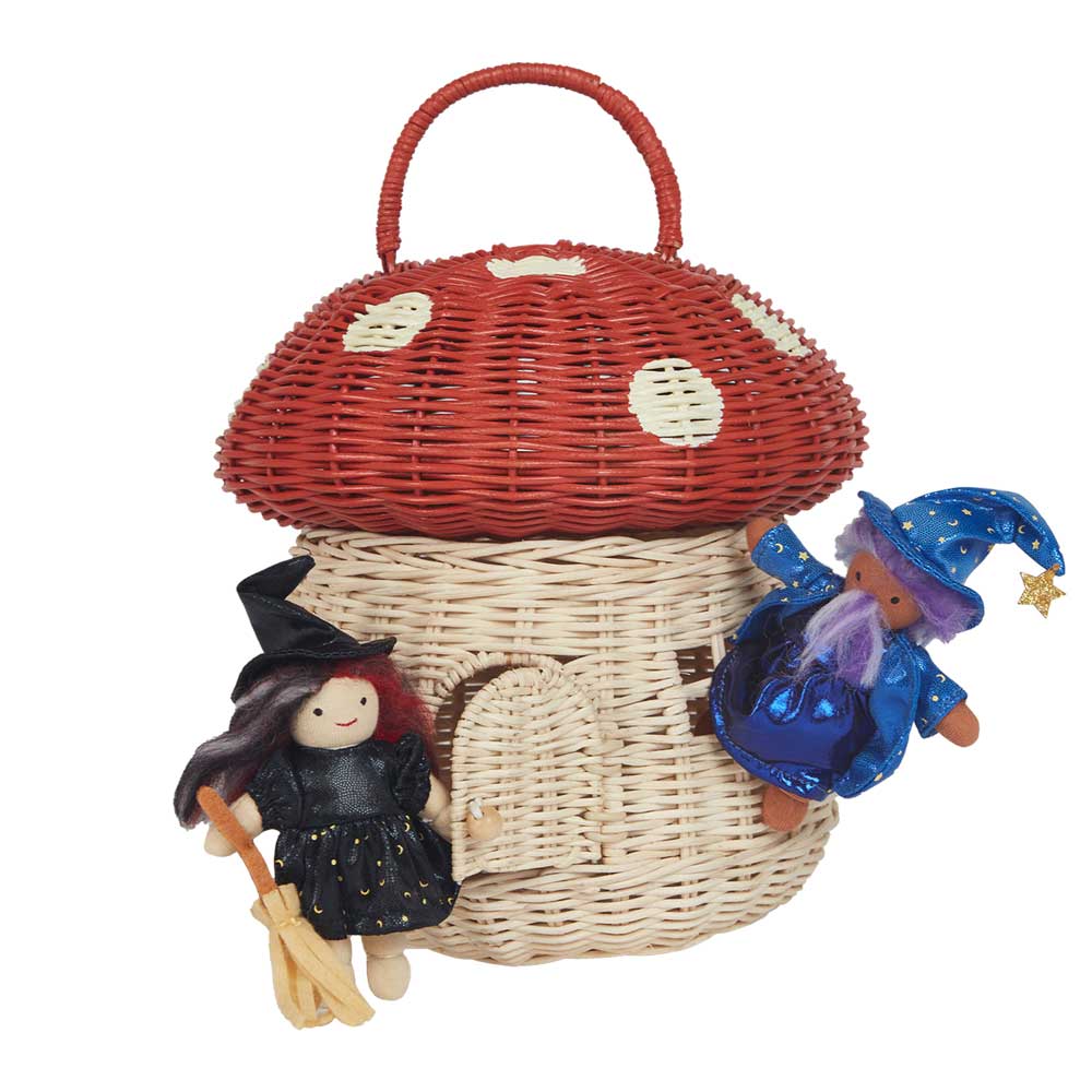 Olli Ella Rattan Mushroom Basket - Red with witch and wizard holdie folk