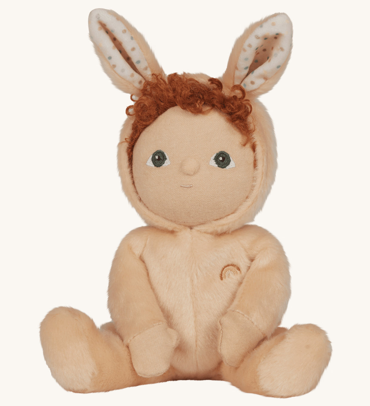 Olli Ella light sand coloured Bubba Bunny Dinky Dinkum Doll in a seated position. 