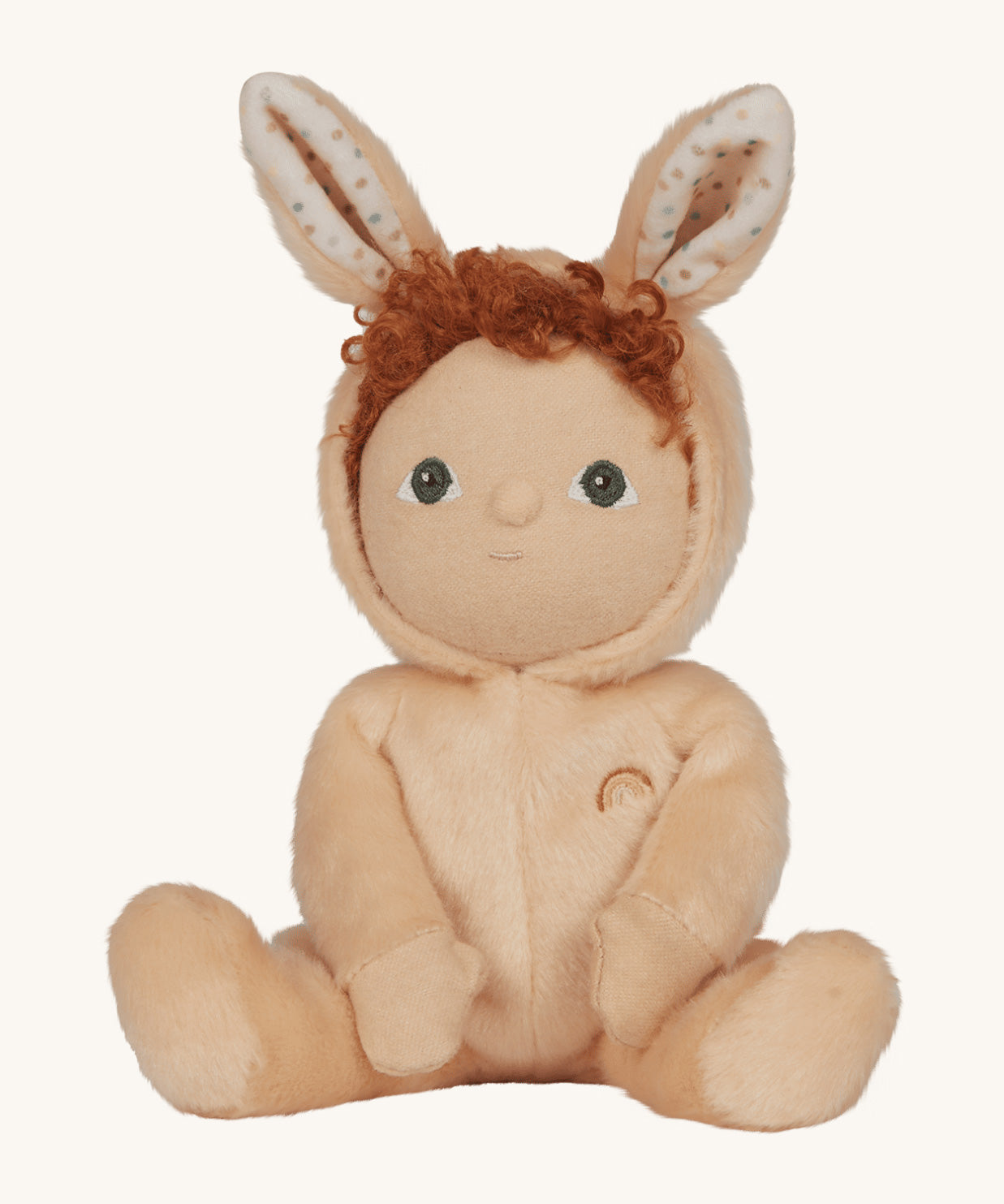 Olli Ella light sand coloured Bubba Bunny Dinky Dinkum Doll in a seated position. 