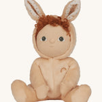 Olli Ella light sand coloured Bubba Bunny Dinky Dinkum Doll in a seated position. 