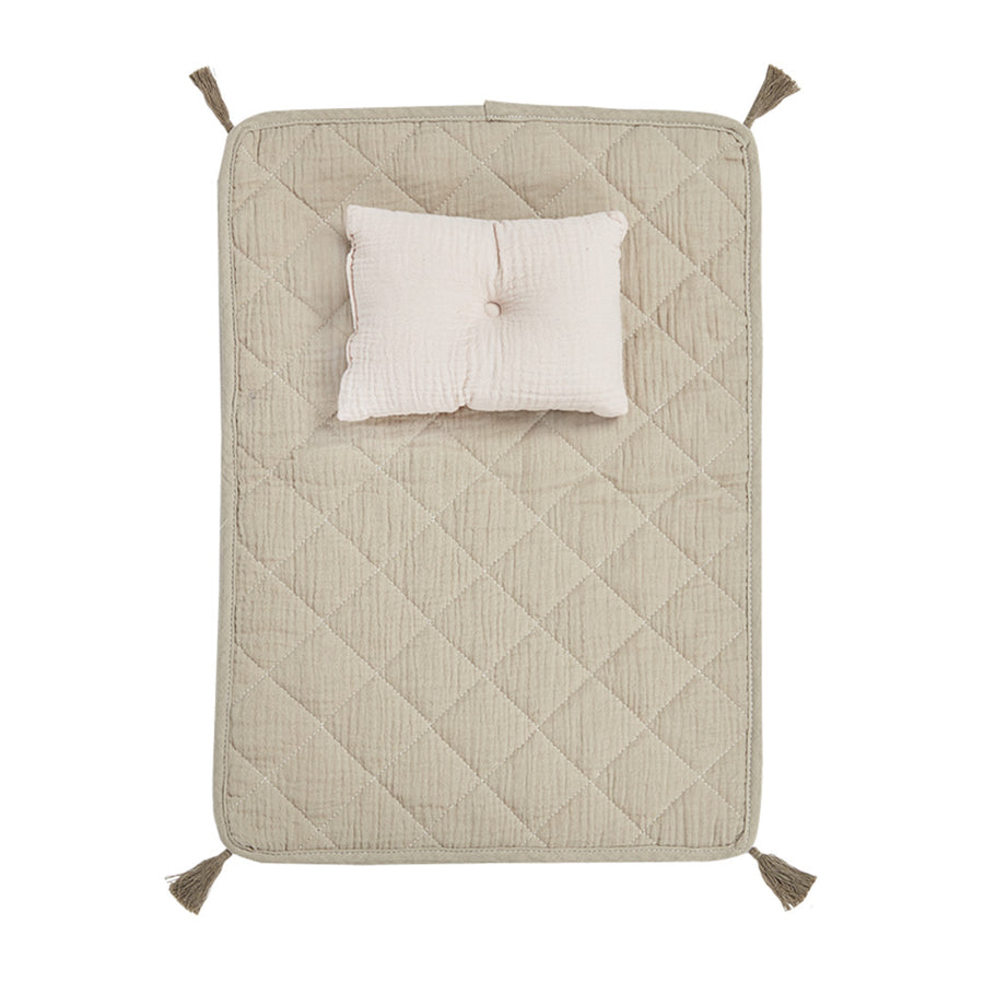 Olli ella dinkum dolls soft strolley bedding in the seafoam colour on a white background