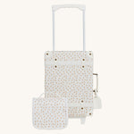 Olli Ella See-Ya Wash Bag with a Leafed Mushroom print next to the matching suitcase pictured on a plain background