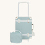 Olli Ella See-Ya Wash Bag in a Steel Blue colour with matching suitcase pictured on a plain background