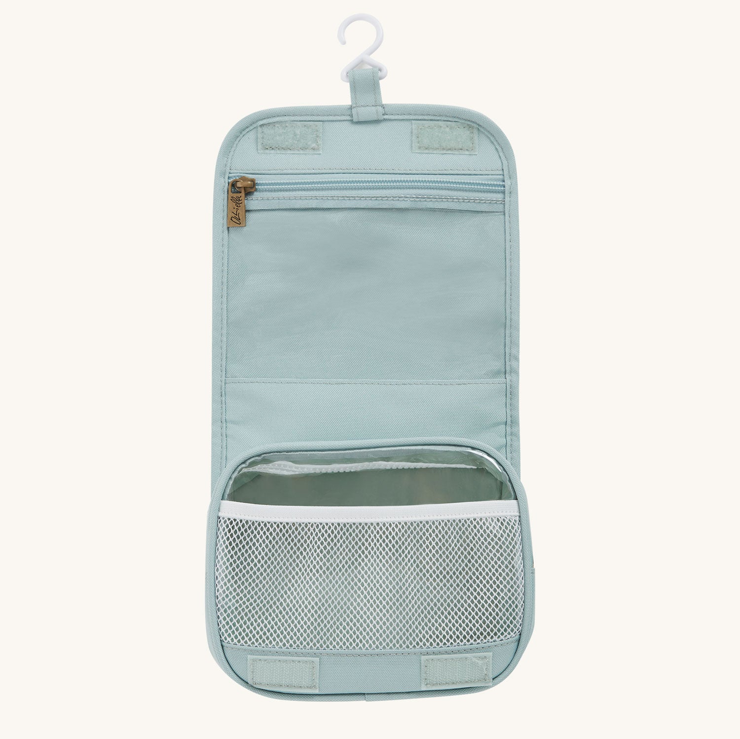 Olli Ella See-Ya Wash Bag in a Steel Blue colour shown open pictured on a plain background