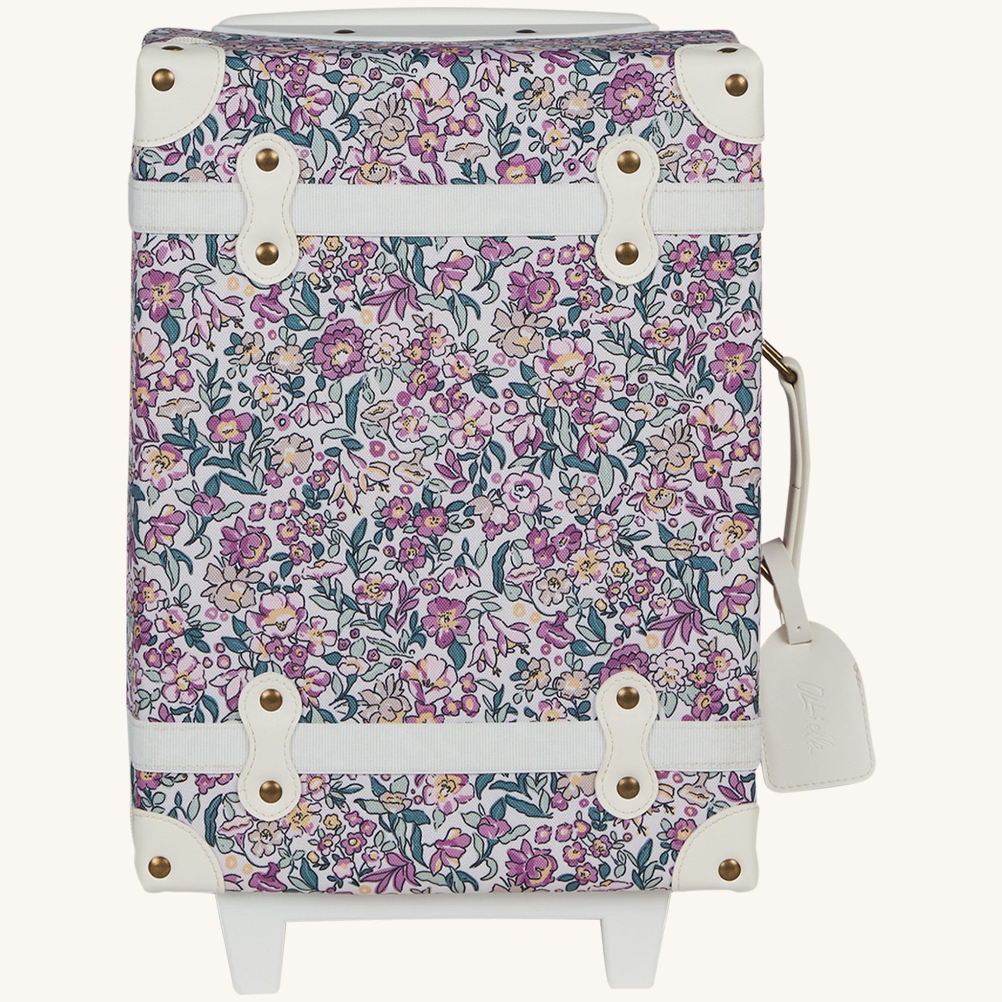 Olli Ella See-Ya Kids Travel Suitcase - Wildflower. A kids-sized suitcase for mini travellers in a beautiful floral print, white details with metal studs, on a cream background